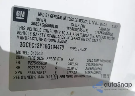 2008 Chevrolet Silverado 1500 Lt2 from USA, damaged, VIN 3GCEC13Y18G194470